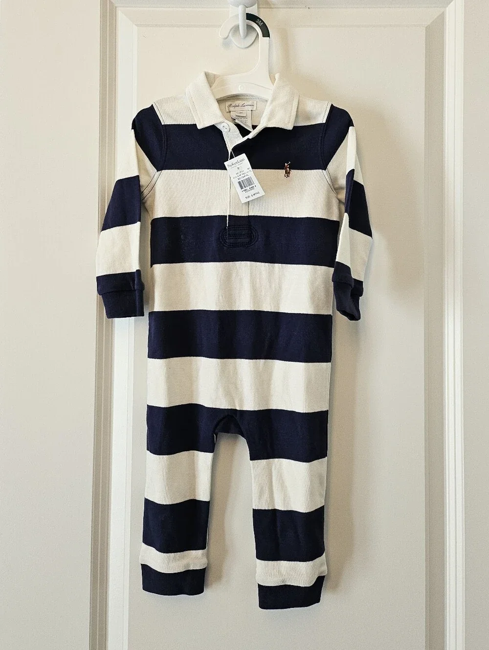 NEW Ralph Lauren Navy & White Striped Baby Rugby Romper